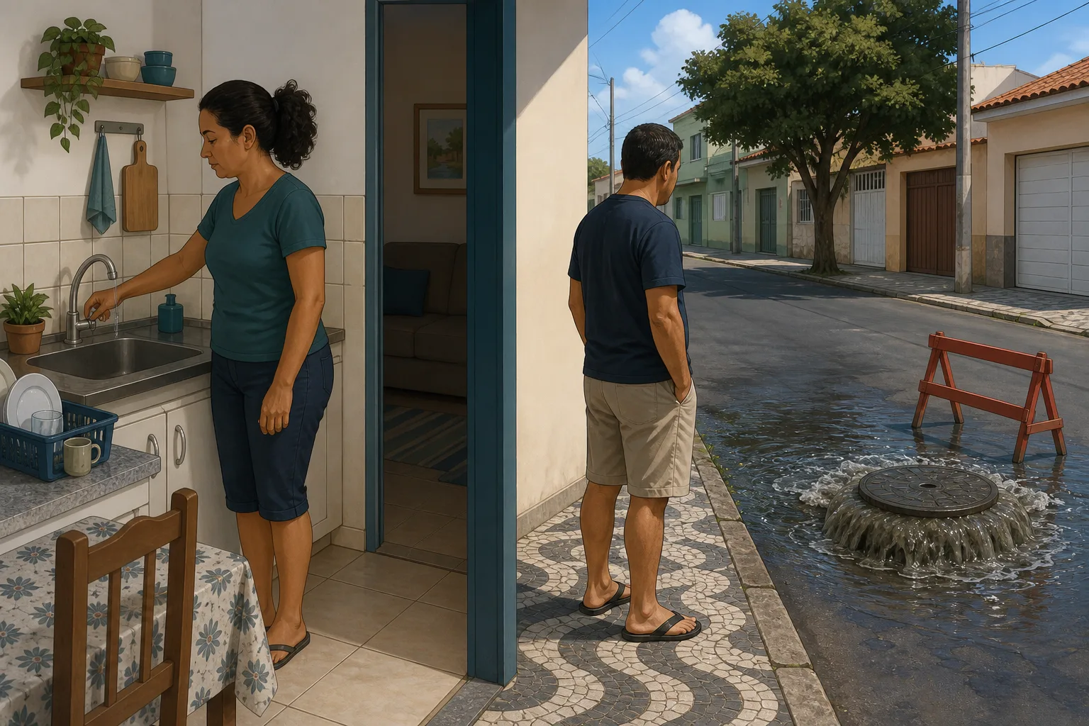 Ilustração dividida entre uma moradora fechando a torneira dentro de casa e um morador observando água saindo de um poço de visita na rua.